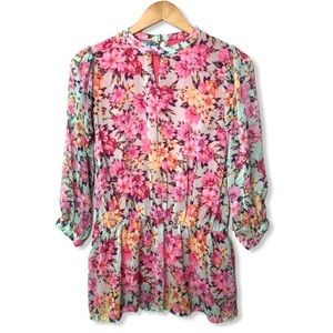 Ochre Floral Peplum Mock Button Neck Tunic Dress